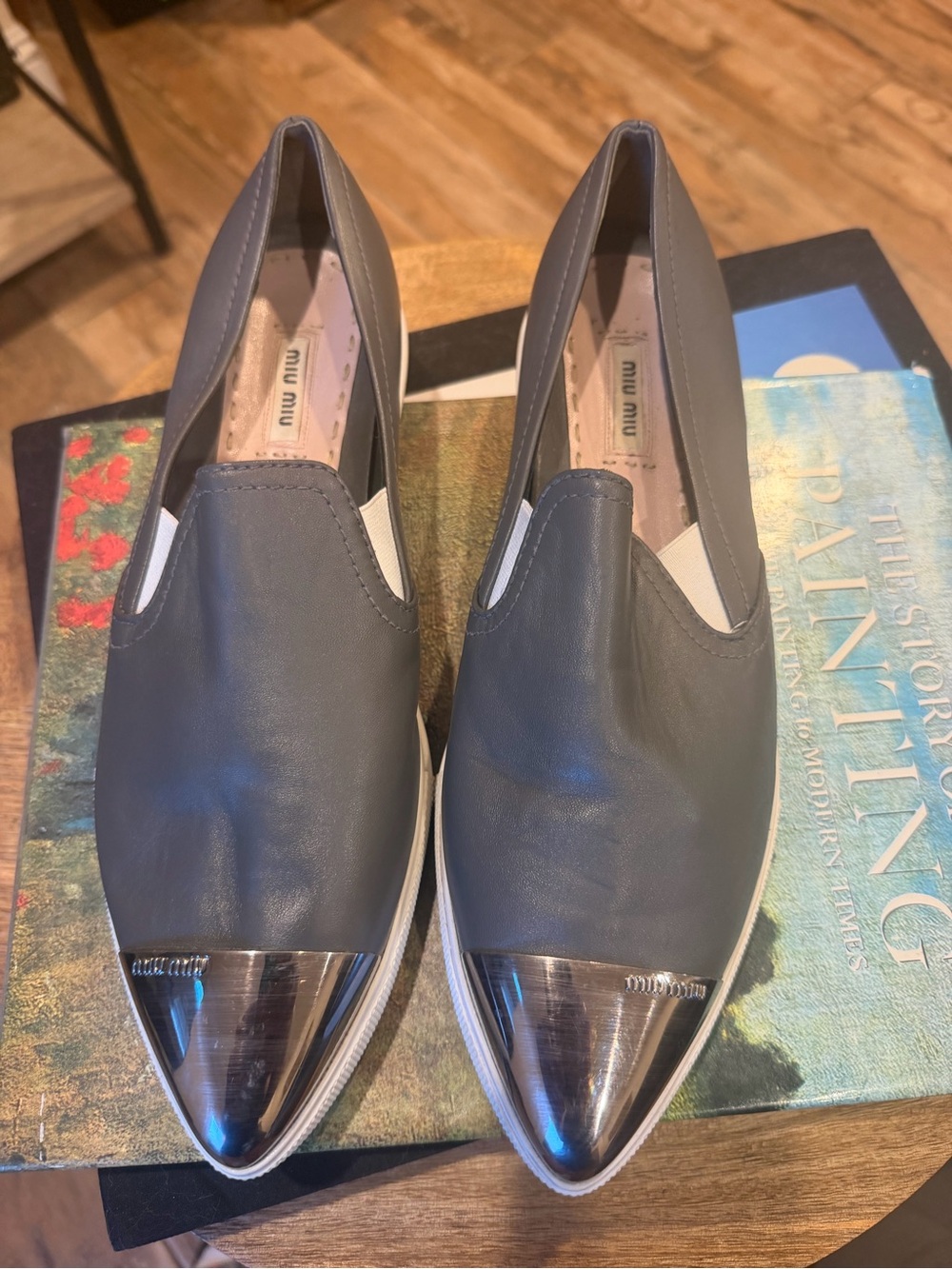 Miu Miu Gray Leather Slip-On Sneakers with Silver Cap Toe size 40.5/10.5